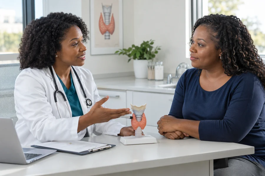 Clinician discussing thyroid testing with a client