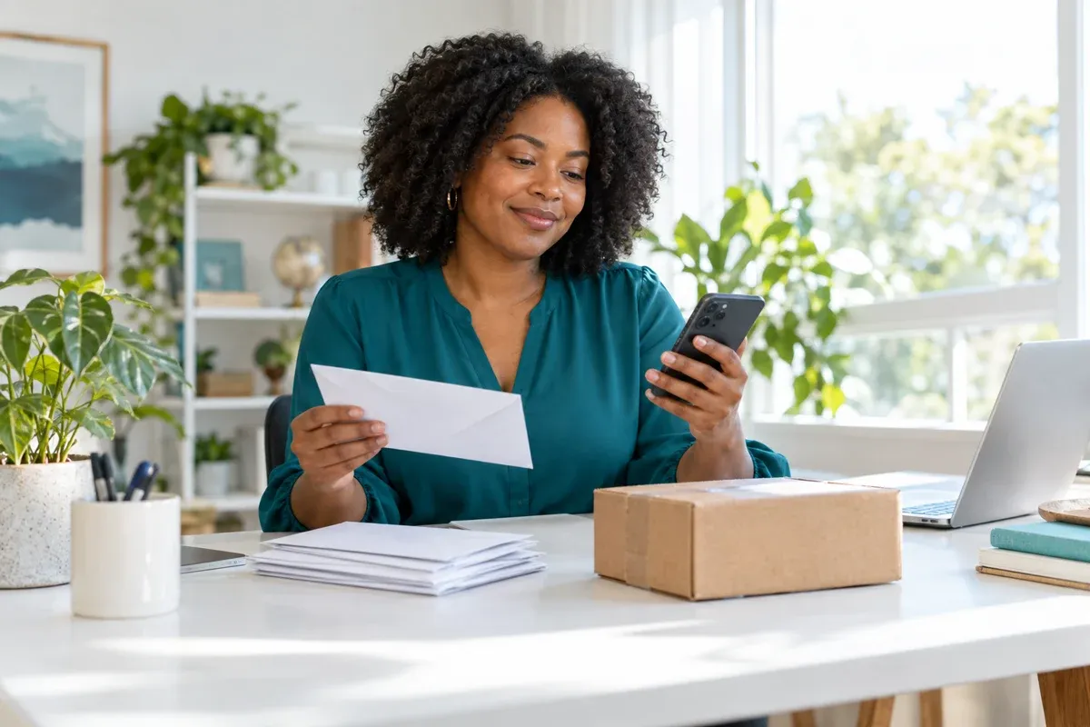 A business owner managing correspondence from her phone at a desk with mail and a package